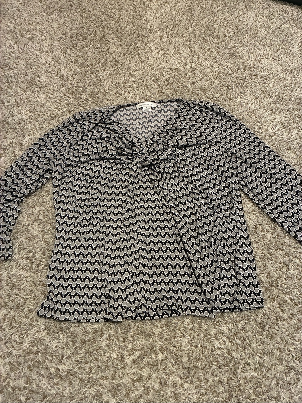 Liz Claiborne Black and White Geometric Tie-Neck Blouse